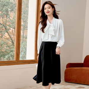 Women's Blue Chiffon Shirt With Bow Office Wear Long Sleeve Solid Color Elegant Blouse For Work - Product Image 2