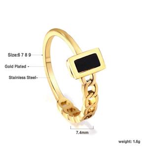 Anillos de Acero Inoxidable con Diseño de Joyería al por Mayor, Bañados en Oro de 18K, con Concha Negra y Eslabones de Cadena, Anillo Cuadrado de Acero Inoxidable con Esmalte - Product Image 2