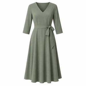 Robe de cocktail mi-longue à col en V, manches trois quarts, ceinture à nœud, robe trapèze pour fête, mariage, banquet - Product Image 1