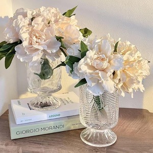 French retrò in stile in rilievo <span class=keywords><strong>vaso</strong></span> di vetro <span class=keywords><strong>con</strong></span> piedi alti <span class=keywords><strong>con</strong></span> fiori simulati, soggiorno desktop decorazioni floreali ornamenti - Product Image 2