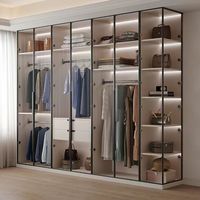Système de dressing ouvert moderne sur mesure, armoire en verre à cadre fin noir avec éclairage LED, armoire modulaire pour chambre principale