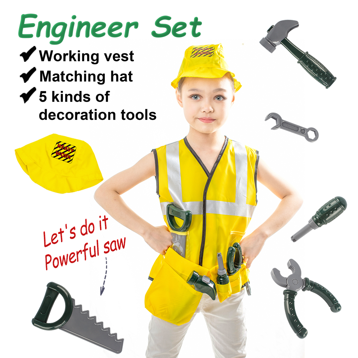 7pcs Role Play Costume For Kids Engineer With Accessories Dress Up Pretend Play Toys