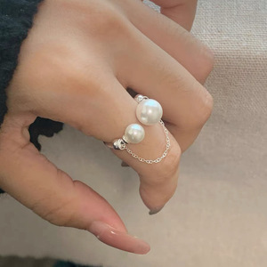 S925 Sterling Silver Pearl Chain <b>Ring</b> For Women Open Top <b>Adjustable</b> Everyday Wear Jewelry - Product Image 2