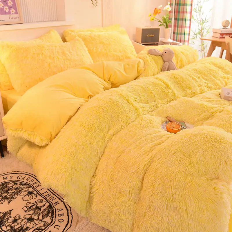 Atacado luxo macio 4pcs capa de edredão conjuntos quente shaggy pelúcia lençol cristal veludo cama conjunto para o inverno
