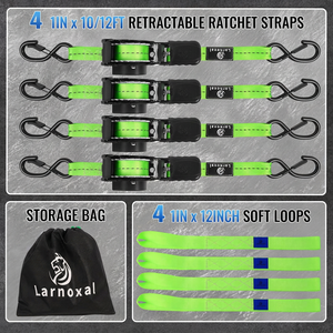 Correas de amarre retráctiles automáticas de 10/12 pies con trinquete, operadas con una <span class=keywords><strong>mano</strong></span>, correas de poliéster con ganchos en S y bucles suaves, bolsa de almacenamiento, seguridad para remolques - Product Image 1