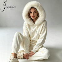 Ensemble deux pièces pour femme en laine tricotée, pull et pantalon large, avec capuche en vraie fourrure de renard, collection Printemps-Automne, personnalisable