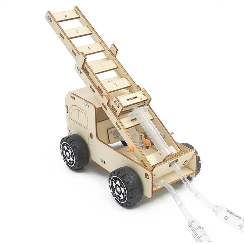 Escuela hecha a mano de madera aprendizaje educativo materiales científicos embalaje modelos de madera escalera de fuego camión elevador Juguetes