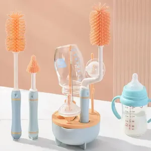 Brosse à biberon en silicone pour bébé avec long manche, poils doux écologiques, nettoyage rotatif à 360 degrés et support de séchage inclus - Product Image 2