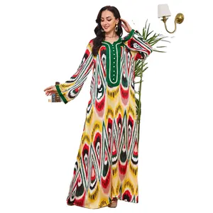 2024 Eid Muslim Printed Belt Dress Women Dubai Turkey Ramadan Muslim Abaya Middle East Long Dress Elegant Kimono Robe