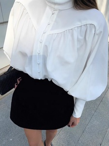 <span class=keywords><strong>Chemisier</strong></span> décontracté <span class=keywords><strong>blanc</strong></span> à col montant et manches larges, style français élégant, boutonné, pour femme, style cour, à manches longues, idéal pour l'été - Product Image 5