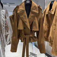Veste en cuir grainé noir à ceinture pour femme, veste courte en cuir véritable, manteau d'automne