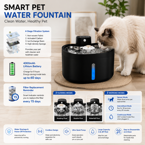 Fontaine à eau <span class=keywords><strong>pour</strong></span> animaux de compagnie noire de qualité supérieure, bol en acier inoxydable 304, batterie rechargeable 4000 mAh, 3 modes de débit d'eau, abreuvoir intelligent <span class=keywords><strong>pour</strong></span> chat et <span class=keywords><strong>chien</strong></span> - Product Image 6