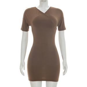 Viviblook C26DS155 Vestido Casual de Verano para Mujer, Manga Corta, Nuevo, Color Sólido, Cuello en V, Mini Vestido Ajustado - Product Image 1