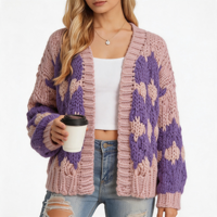 Suéter Abrigo Jacquard de Punto Grueso Rosa Púrpura de Alta Calidad con Cuello en V, Frente Abierto y Hombros Caídos para Mujer