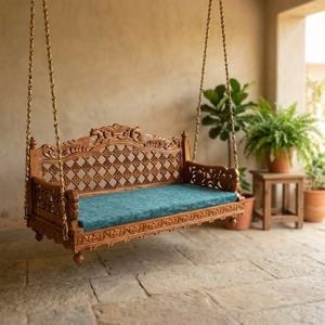 <b>Wooden</b> Outdoor Patio <b>Swing</b> Chair with Non-Waterproof Teal Cushion Full Color Printed for 2 People Traditional Design - Product Image 3