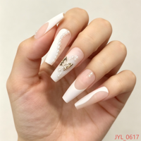 24 faux ongles longs en forme de cercueil, style français, avec perles et strass, amovibles, à presser, pour femmes, ensemble de pointes d'ongles tendance
