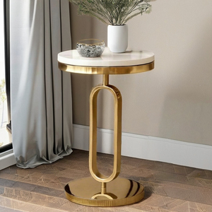 Modern Round Console <b>Table</b> with <b>Marble</b> <b>Top</b> and Brass Pedestal Base for Living Room Furniture - Product Image 5