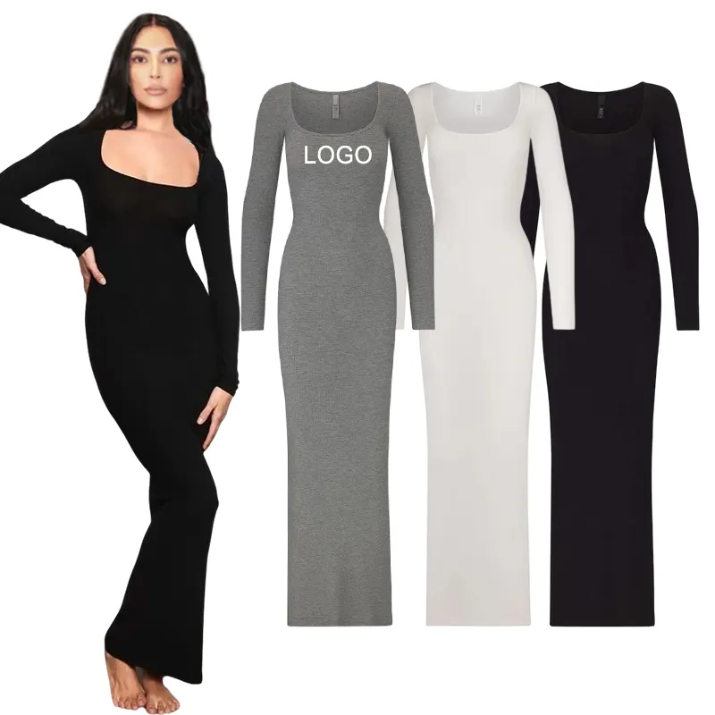 Logo personnalisé kim kardashian robe dupes robe à manches longues col montant salon femmes Maxi basique sans manches spandex doux robes de salon