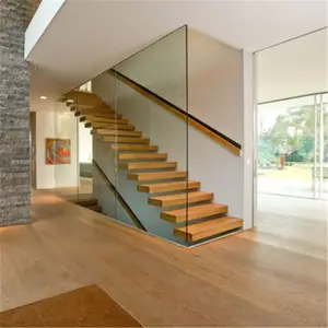 Hidden Stringer Wooden Treads Box Floating Straight Stairs With Glass Rails