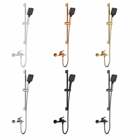 Robinet de douche moderne de luxe en laiton finition polie or rose, mitigeur à levier unique avec barre coulissante et jets pluie doux et massants pour salle de bain