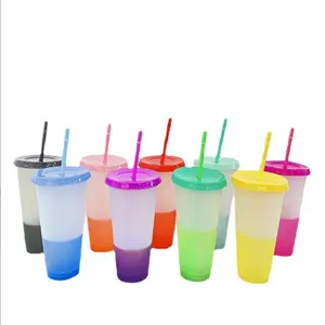 710Ml Single Layer Temperature Sensitive Plastic Color Changing Cup Color Changing Coffee Plastic Color Changing Straw Cup