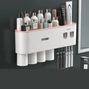 Automatic Toothpaste Dispenser with Dust Cover Shower Toothbrush and Toothpaste Holder Bathroom Storage Shelf Wall Mount