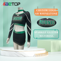 Uniforme de cheerleaders pour filles en strass noir et vert |   Ensemble jupe deux pièces dos croisé à col montant pour compétitions, service OEM