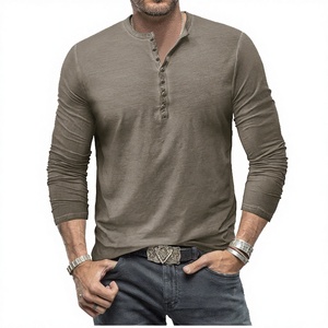 T-shirt Henley da uomo slim-fit vintage a maniche lunghe 180g in puro cotone traspirante, lavata e effetto distressed, con bottoni, per il commercio estero - Product Image 1