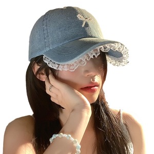 Lace Trimmed Denim Baseball <b>Cap</b> For <b>Women</b> Light Blue Pearl Bow Shade Hat Cotton Fabric Female Fashion <b>Cap</b> - Product Image 5