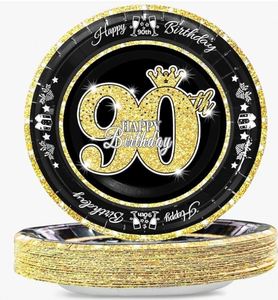 90th Birthday Party <b>Plates</b> Modern Gold Foil Pack of 9 Inches Gold Paper <b>Plates</b> for Celebration Decorations - Product Image 1