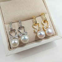 Élégantes boucles d'oreilles pendantes pour femme en argent 925 plaqué or, avec perle Edison ronde taille brillant 7-8mm et nœud en zircon blanc