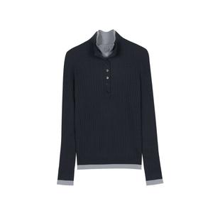 Pull en tricot à col montant vintage bleu pour femmes, manches longues, polyester/nylon, deux pièces, avec bouton, patchwork, vêtements d'extérieur - Product Image 2