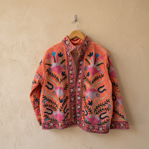 Boho Peach Velvet Suzani Embroidery Jacket Handcrafted Floral Quilted Short <b>Coat</b> <b>Women</b> Vintage Stand Collar Winter Outerwear - Product Image 1