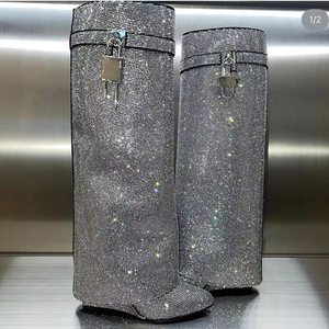 Bottes à talon compensé pour femme, style pantalon, à talon compensé rehaussant la taille, décorées de strass - Product Image 4