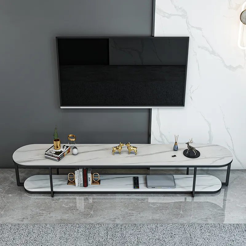 Modern 2 tier marble rock table top iron metal frame TV cabinet coffee table set tv stand living room furniture