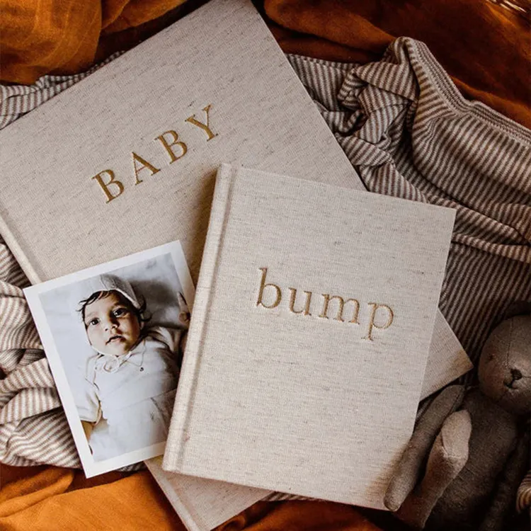 OVO cetak kustom lahir lima tahun memori abu-abu Oatmeal Pink biru Linen perencana jurnal bayi dengan judul timbul