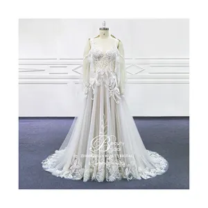 Hot sales Newest style Ivory / Mocha wedding gown Luxury Embroidery Lace A-line Tulle Dress