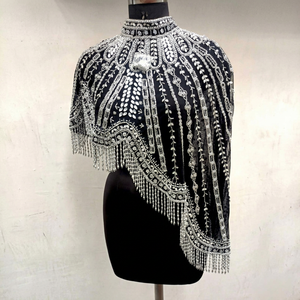 Robe de soirée noire brodée de perles avec franges, cape d'épaule, costume de scène pour mariage et fête - Product Image 1