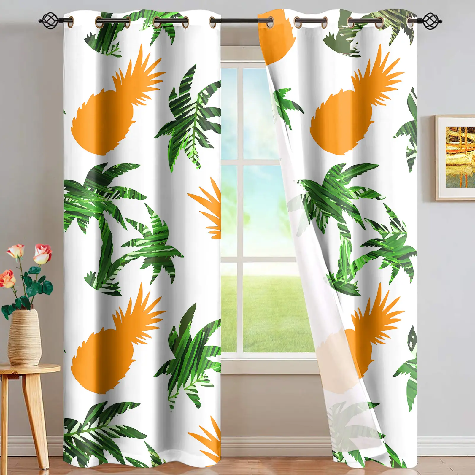 2021 Hot Selling Großhandel Hawaiian Style Ananas Kokosnuss Druck Vorhänge für das Wohnzimmer Vorhang Polyester Stoff