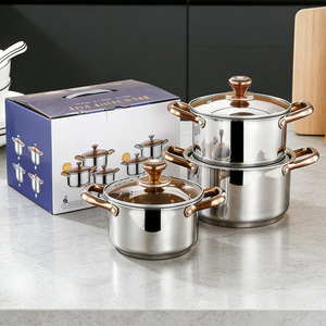 Stainless Steel Cookware <b>Set</b> 3-Piece Rose Gold Handles Glass Lids Soup <b>Pots</b> Kitchen Cooking <b>Set</b> - Product Image 1