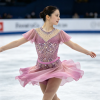 Robe de patinage artistique rose poudré à manches volantées, col en maille, nœud au dos, strass appliqués pour la compétition et la performance
