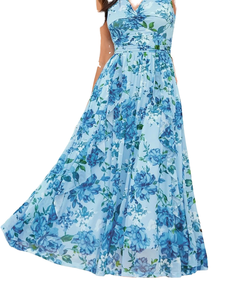 Vestido Maxi de Verano para Mujer, Cuello en V, Estampado Floral, Cintura Alta, Estilo Informal, para Vacaciones en la Playa, Disponible en Stock, Venta al Por Mayor - Product Image 1