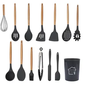 hot sale food grade cooking tools kitchenware silicone cooking utensil sets with wooden handle