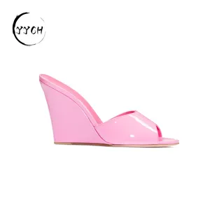 Hand made lady luxury peep toe high heels solid color jelly wedge mules women casual slide sandals