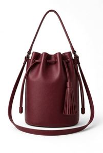Sac seau bordeaux à fermeture éclair avec pompon, bandoulière unique, style minimaliste, portable, idéal pour les voyages et l'usage quotidien - Product Image 2