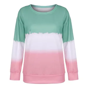 Women's Autumn Winter Long Sleeves T-shirt Leisure Loose Printing Tie-dyed Gradient Round Neck Tops Clothing Plus Size 2021