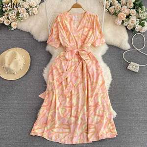 Nuevo Vestido Casual con Estampado Chic y Gran Dobladillo, Cuello en V, Manga Corta, Cintura Alta con Cordones para Mujer - Product Image 5
