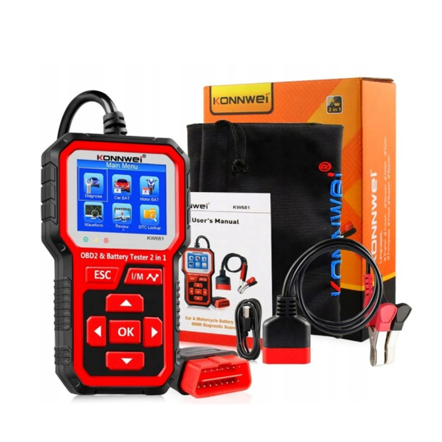 KONNWEI KW681 12V Car Motorcycle Battery Tester + OBD2 Automotive Engine Trouble Diagnostic Scanner Tool