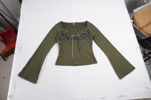 Dark Green Lace <b>Patchwork</b> Bow Detail Wide Collar Flared Sleeve <b>Top</b> Slim Fit Pure Sexy Mature Elegant Flattering Long Sleeve - Product Image 6