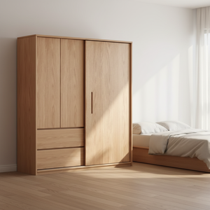 El armario de madera Oron ofrece un diseño atemporal, almacenamiento inteligente y la elegancia de la madera natural para espacios de vida modernos. - Product Image 1